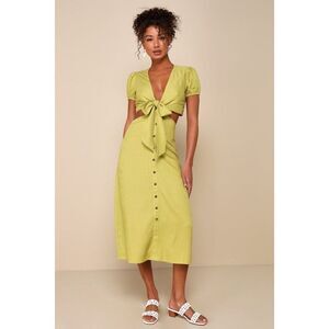 Lulus Portofino Poise Green Tie-front Linen Button-front Midi Dress - Size S